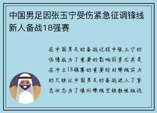中国男足因张玉宁受伤紧急征调锋线新人备战18强赛 中国男足因张玉宁受伤紧急征调锋线新人备战18强赛